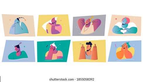 Emotion, face expression set concept. Positive and negative emotional people illustration for print. Collection of men women characters crossing fingers for luck showing dislike sign heart symbol. 