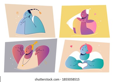 Emotion, Gesichtsausdruck-Konzept. Positive und negative emotionale Menschen Illustration für Druck. Kollektion von weiblichen Cartoon-Figuren, die Rockzeichen zeigen, die Getur und Herzsymbol nicht mögen. 