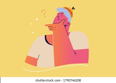 Emotion, face, expression, thought, trouble, question concept. Young pensive thoughtful man guy teenager character confused or wonder about problem. Uncertainty with doubts and thinking illustration.