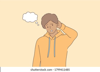 Emotion, Face, Expression, Thought, Trouble, Question Concept. Young Pensive Thoughtful African American Man Guy Teenager Character Confused Wonder About Problem. Uncertainty With Doubts Or Thinking.