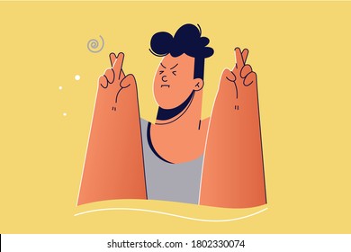 Emotion, face, fear, luck concept. Young scary nervous man guy boy teenager cartoon character closing eys and crossing fingers for having luck. Emotional facial expression and praying illustration.