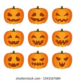 Emotion face pumpkin set, Halloween. Spooky scary horror facial expressions of pumpkins. Carving. Vector illustration on white background