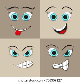 Emotion faces icon set.Cartoon faces with different emotions.