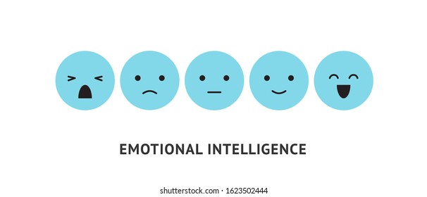 Emotion faces, ranking scale blue smiles vector illustration. Positive, negative and neutral human expressions stickers. Bad and good review rating, emotional intelligence. Happy and sad emoticons