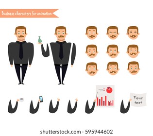 Emotion faces.Emoji face icons. Man character for scenes.Parts of body template for animation. Funny office man cartoon.Vector illustration isolated on white background. Business Elements for web design