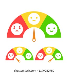 Emotion Feedback Concept. Includes Such Emoticon As Angry,  Neutral And Happy Expression, Arranged Into A Semi Circle. Customer's Service And Evaluation Review Sign. Vector Illustration.