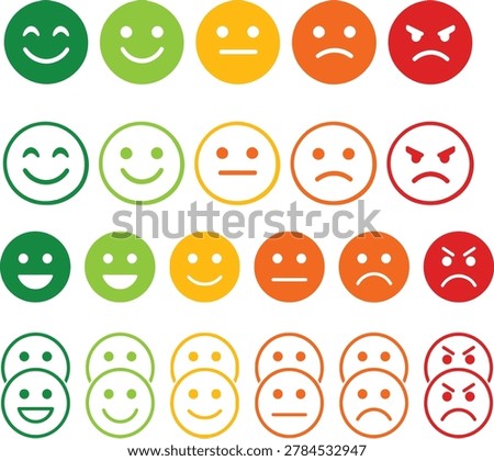 Emotion Feedback Face Icon Set – Happy, Neutral, Sad, and Angry Expressions in Green, Yellow, Orange, and Red Circular Designs for Survey, Rating, and Satisfaction Vector Illustration  