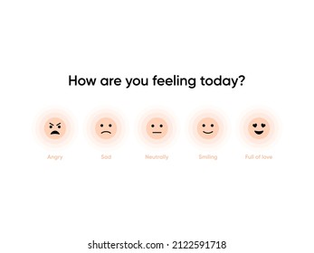 Emotion feedback icons. Daily emotion dairy app vector element. Check your emotional state today. Customer feedback concept. Emotion scale from angry to full of love. Vector illustration