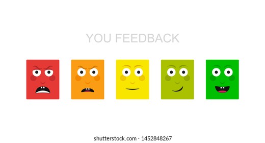 Emotion feedback scale. Angry, sad, neutral, satisfied and happy emoticon set review of consumer. Funny cartoon hero emotion rating.