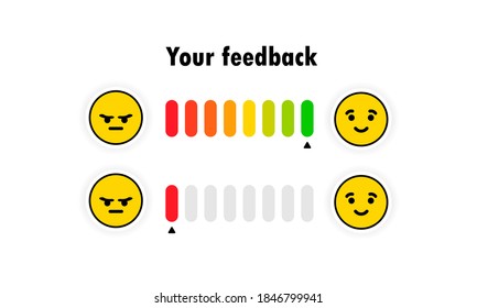 Emotion feedback scale. Angry, sad, neutral, satisfied and happy emoticon set. Review of consumer. Rating scale. Emoticon different mood. Rank, level satisfaction rating