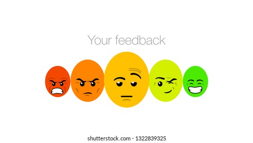 emotion feedback scale on white. Angry, sad, neutral, satisfied and happy emoticon set Review of consumer. red, orange, yellow, green funny cartoon Emoji icons User experience satisfaction rating