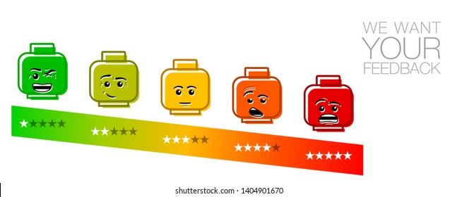 Emotionen-Feedback-Skala auf Weiß. Wütend, traurig, neutral, zufrieden und glücklich emoticon setzen Überprüfung der Verbraucher. rote, orangefarbene, gelbe, grüne, lustige Comic Emoji-Symbole Erlebniserfolg-Bewertung