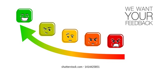 emotion feedback scale on white. Angry, sad, neutral, satisfied and happy emoticon set Review of consumer. red, orange, yellow, green funny cartoon Emoji icons User experience satisfaction rating