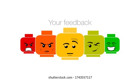 escala de comentarios emocionales en blanco. Enojo, triste, neutral, satisfecho y feliz conjunto de emoticonos Revisión del consumidor. caricatura roja, anaranjada, amarilla, verde graciosa Iconos Emoji