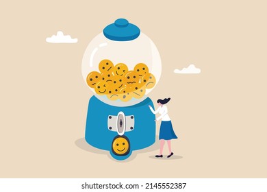 Emotion And Feeling, Mental Wellbeing, Emotional Intelligence Or Psychology, Positive And Negative Thinking, Mood And Happiness Concept, Cheerful Woman Waiting Gumball Machine To Give Smile Face.