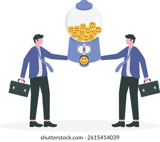 Emotion and feeling, mental wellbeing, emotional intelligence or psychology, positive and negative thinking, mood and happiness concept, cheerful businessman waiting gumball machine to give smile face