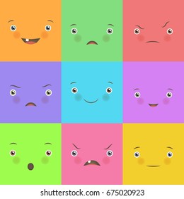 Emotion flat set. Cute square faces. Feelings, high degree of pleasure and displeasure, cute design for fun and motivation. Flat style vector illustration