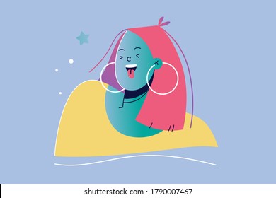 Emotion, fun, joy, face concept. Young hilarious joyful funny happy chherful woman or girl teenager character teasing showing sticking tongue out of mouth. Positive facial expression illustration.