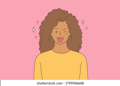 Emotion, fun, joy, face concept. Young hilarious joyful happy african american woman or girl teenager character teasing winking showing tongue out of mouth. Positive facial expression illustration.