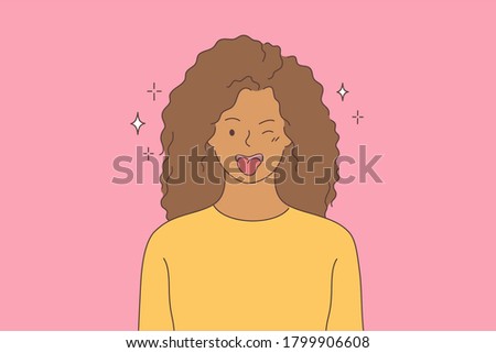 Emotion, fun, joy, face concept. Young hilarious joyful happy african american woman or girl teenager character teasing winking showing tongue out of mouth. Positive facial expression illustration.