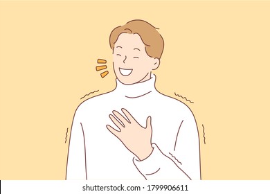 Emotion, happiness, face, laughter, joy, fun concept. Young cheerful smiling happy man guy teenager character laughing hard out loud because funny crazy joke. Positive facial expression illustration.