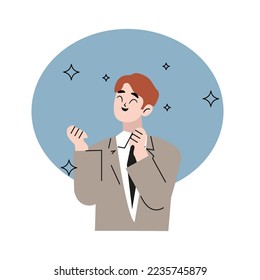 Emoción, felicidad, cara, risa, alegría, concepto divertido. Joven jovencito sonriente feliz hombre joven personaje adolescente riéndose fuerte porque chiste loco gracioso. Ilustración de expresión facial positiva.
