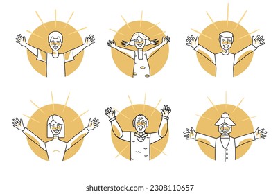 Emoción de la felicidad, la gente hace iconos de círculo. Niño y niña feliz, hombre y mujer, abuelo y abuela. Amor, brazos abiertos. Expresiones faciales de estilo esbozado, ilustración vectorial.