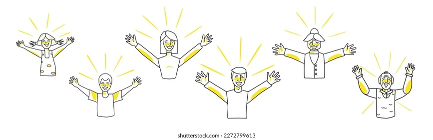 Emotion of happiness, people set. Happy boy and girl, man and woman, grandfather and grandmother. Glowing, open arms. Sketched style white and yellow spots vector illustration.