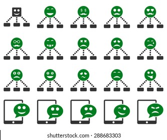 Emotion hierarchy and SMS icons. Vector set style: bicolor flat images, green and gray symbols, isolated on a white background.