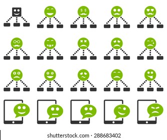 Emotion hierarchy and SMS icons. Vector set style: bicolor flat images, eco green and gray symbols, isolated on a white background.
