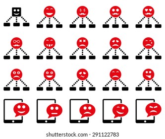 Emotion hierarchy and SMS icons. Vector set style: bicolor flat images, intensive red and black symbols, isolated on a white background.