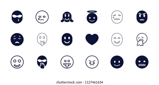 Emotion icon. collection of 18 emotion filled and outline icons such as smiling emoji, crying emoji, emoji angel, smile, heart. editable emotion icons for web and mobile.
