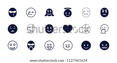Emotion icon. collection of 18 emotion filled and outline icons such as smiling emoji, crying emoji, emoji angel, smile, heart. editable emotion icons for web and mobile.
