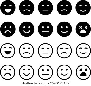 Emotion Icon in flat line Set. Emoji icon containing happy emotion, sad, smiling, surprised, angry, relaxed, confused, laughing and shocked isolated on transparent background Vector for apps or web