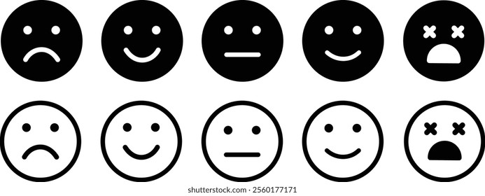 Emotion Icon in flat line Set. Emoji icon containing happy emotion, sad, smiling, surprised, angry, relaxed, confused, laughing and shocked isolated on transparent background Vector for apps or web