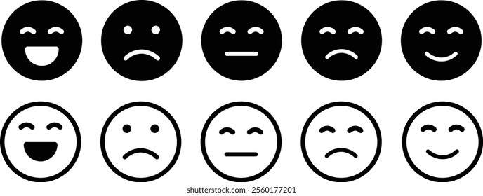 Emotion Icon in flat line Set. Emoji icon containing happy emotion, sad, smiling, surprised, angry, relaxed, confused, laughing and shocked isolated on transparent background Vector for apps or web