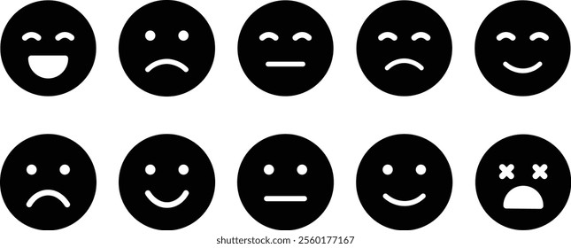 Emotion Icon in flat Set. Emoji icon containing happy emotion, sad, smiling, surprised, angry, relaxed, confused, laughing and shocked isolated on transparent background Vector for apps or web