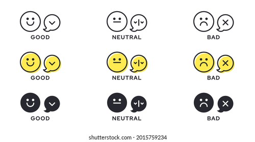 Emotion Icon Pack - Good, Bad, Maybe. Evaluation Or Rating - Good, Bad, Neutral. Vector Emotional Emoticons With Grade Level Symbol.