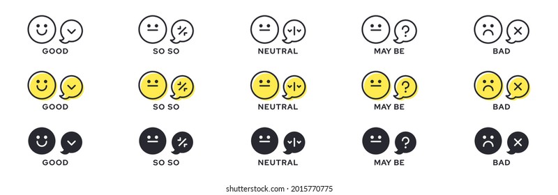 Emotion Icon Pack - Good, Bad, Maybe. Evaluation Or Rating - Good, Bad, Neutral. Vector Emotional Emoticons With Grade Level Symbol.