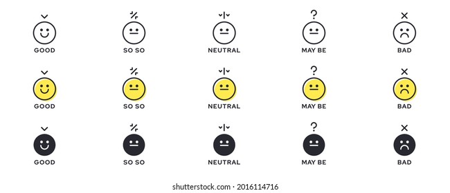 Emotion Icon Pack - Good, Bad, Maybe. Evaluation or rating - good, bad, neutral. Vector emotional emoticons with grade level symbol.