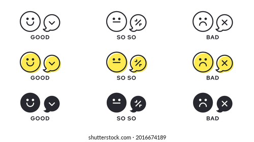 Emotion Icon Pack - Good, Bad, Maybe. Evaluation Or Rating - Good, Bad, Neutral. Vector Emotional Emoticons With Grade Level Symbol.