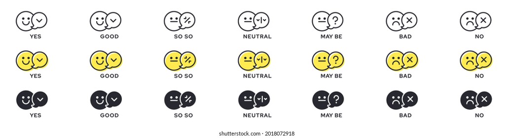 Emotion Icon Pack - Good, Bad, Maybe. Evaluation Or Rating - Good, Bad, Neutral. Vector Emotional Emoticons With Grade Level Symbol.