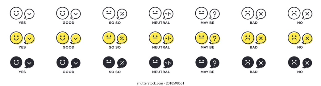 Emotion Icon Pack - Good, Bad, Maybe. Evaluation or rating - good, bad, neutral. Vector emotional emoticons with grade level symbol.
