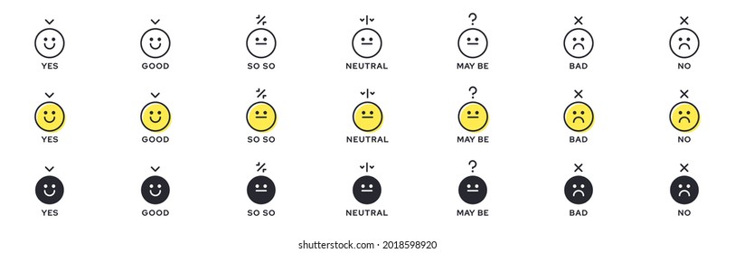 Emotion Icon Pack - Good, Bad, Maybe. Evaluation or rating - good, bad, neutral. Vector emotional emoticons with grade level symbol.