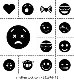 Emotion icon. set of 13 filled emotionicons such as heart, wink emot, emot in sun glasses, smiley