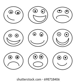 Emotion icon set, black isolated on white background, vector illustration.