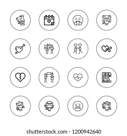 Emotion icon set. collection of 16 outline emotion icons with angry, disappointed, expresso, heart, envy, kitty, love icons.