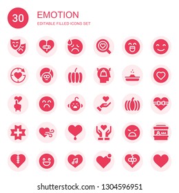 emotion icon set. Collection of 30 filled emotion icons included Theatre mask, Heart, Sad, Love, Emotion, Face, Pumpkin, Stress, Poop, Cry, Give love, Angry, Happy, Fairground