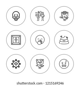 Emotion icon set. collection of 9 outline emotion icons with angry, claustrophobia, envy, heart, kitty, laughing, poop icons. editable icons.