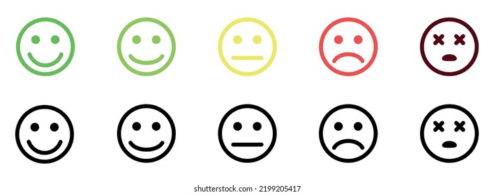 Emotion icon set of satisfaction level. Simple feedback in form of emotions in flat style. Customer feedback. Range to assess the emotions Excellent, good, normal, bad, awful symbols 